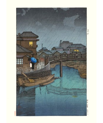 Pont sous la pluie à Ryoshimachi, Shinagawa de Hasui Kawase | Reproduction Fine Art Pour