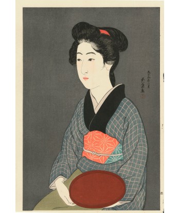 Estampe Japonaise de Goyo Hashiguchi | Femme et Plateau Rouge le des métaux précieux