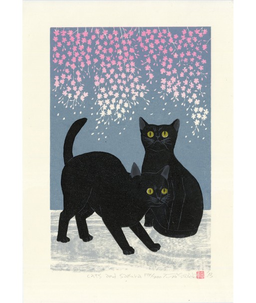 Estampe Japonaise de Nishida Tadashige | Chat Noir et Sakura pas cher 