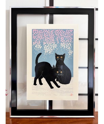 Estampe Japonaise de Nishida Tadashige | Chat Noir et Sakura pas cher 