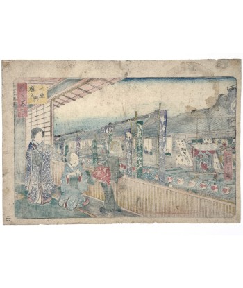 Estampe Japonaise de Hiroshige | Edo Meisho - Théâtres Kabuki à Saruwaka depuis une maison de thé hantent personnes