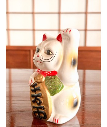 Chat Blanc Maneki Neko en céramique avec de longues moustaches Pour