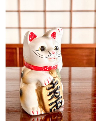 Chat Blanc Maneki Neko en céramique avec de longues moustaches Pour