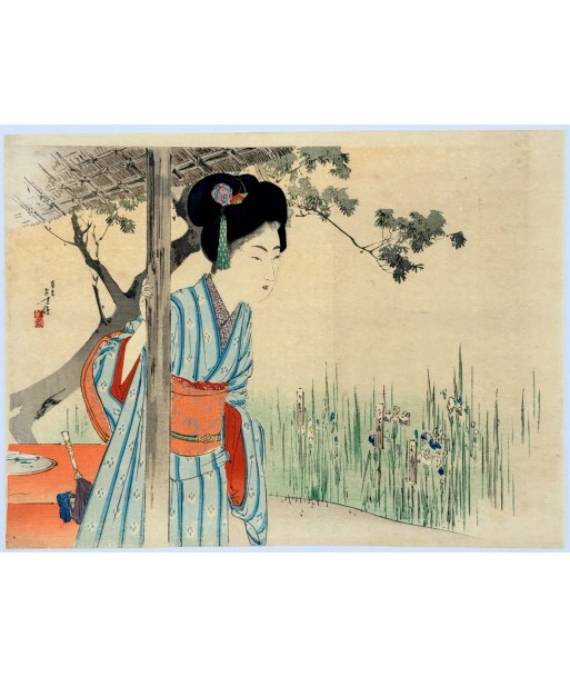 Estampe Japonaise Kuchi-e de Toshikata Mizuno | Jeune femme dans un jardin d'iris d'Europe débarque