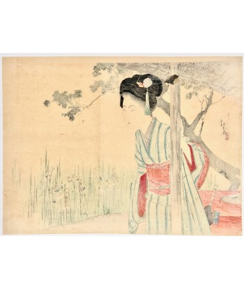 Estampe Japonaise Kuchi-e de Toshikata Mizuno | Jeune femme dans un jardin d'iris d'Europe débarque