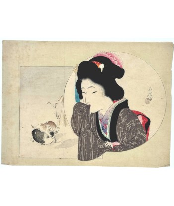 Estampe Japonaise de Tomioka Eisen | Femme et chiots s'amusant livraison gratuite