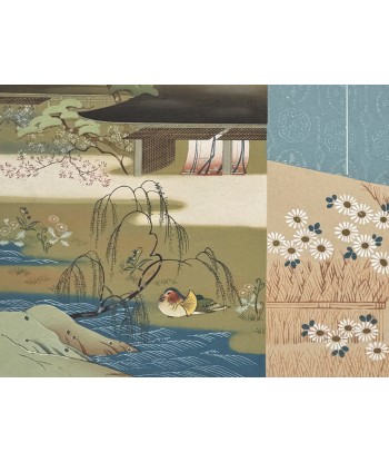 Estampe Japonaise de Kojima Gyokuhô | Canard et Chrysanthèmes, Dit du Genji, Chapitre 34 des créatures d'habitude