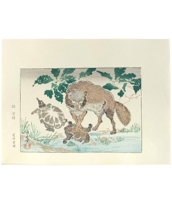 Estampe Japonaise de Kyosai | Tanuki et tortues pas chere