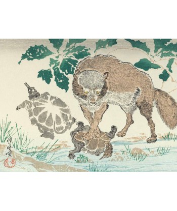 Estampe Japonaise de Kyosai | Tanuki et tortues pas chere