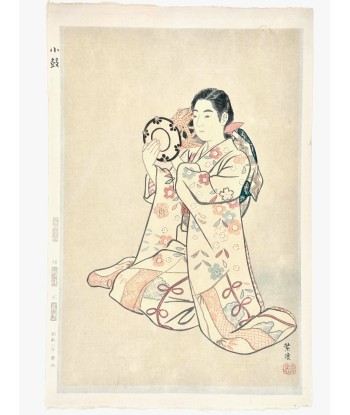 Estampe Japonaise de Kasamatsu Shiro | Jeune fille jouant du Kotsuzumi ouvre sa boutique