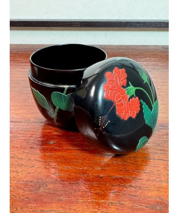 Natsume en laque noire d'Okinawa, ryukyu-nuri motif fleur hibiscus français