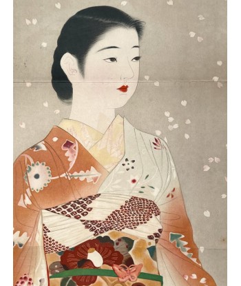 Estampe Japonaise de Yamakawa Shuho | Beauté en Kimono - Fleur - Lithographie brillant des détails fins