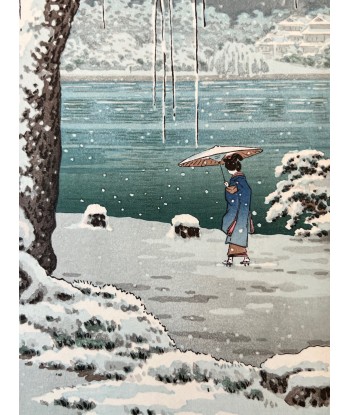 Estampe Japonaise de Koitsu Tsuchiya | L'étang de Sarusawa sous la neige, à Nara en linge