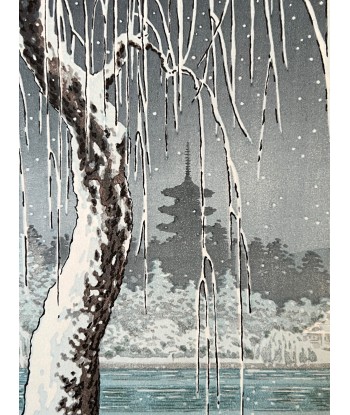 Estampe Japonaise de Koitsu Tsuchiya | L'étang de Sarusawa sous la neige, à Nara en linge