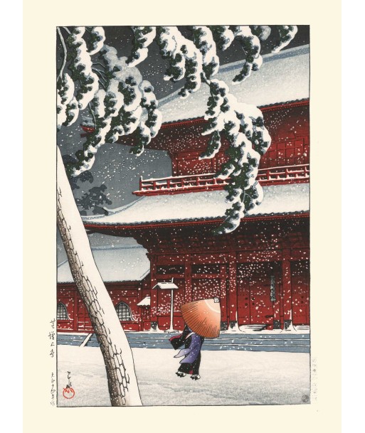 Tempête de neige sur le Temple Zojoji de Hasui Kawase | Reproduction Fine Art soldes