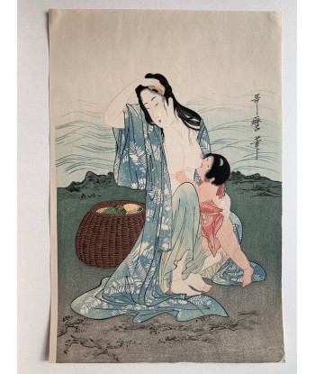 Estampe Japonaise de Utamaro Kitagawa | Les pêcheuses d'Abalones |  partie centrale du triptyque Dans la société mordern