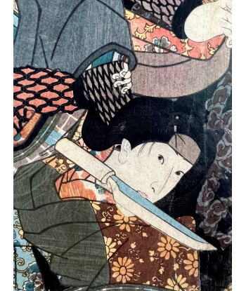 Estampe Japonaise Encadrée de Kunisada | Histoire du Samouraï Saito Kuranokuke brillant des détails fins