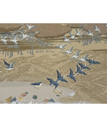 Estampe Japonaise Ecole Kano | Envol d'oiseaux sur la plage pas cher chine